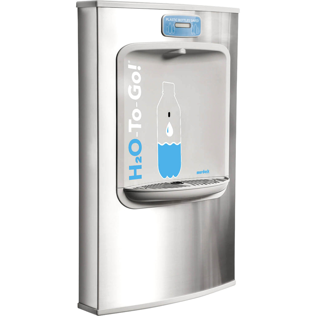  Water bottle filling station, wall mount, with H2O-To-Go! logo and digital plastic bottles saved counter
