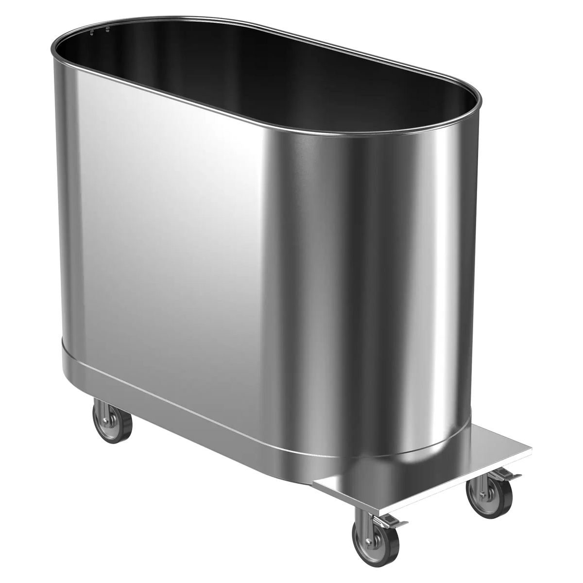 A silver stainless steel mobile cold tank with wheels designed for ice baths.