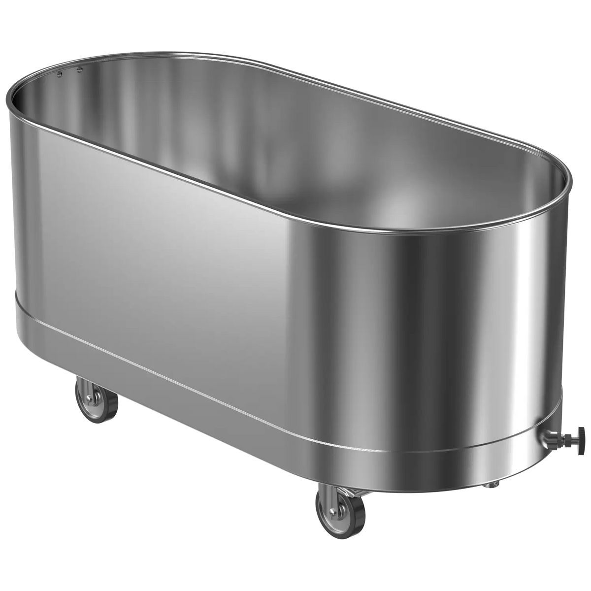 A silver mobile cold tank with wheels, made of stainless steel, used for therapeutic ice bath purposes.