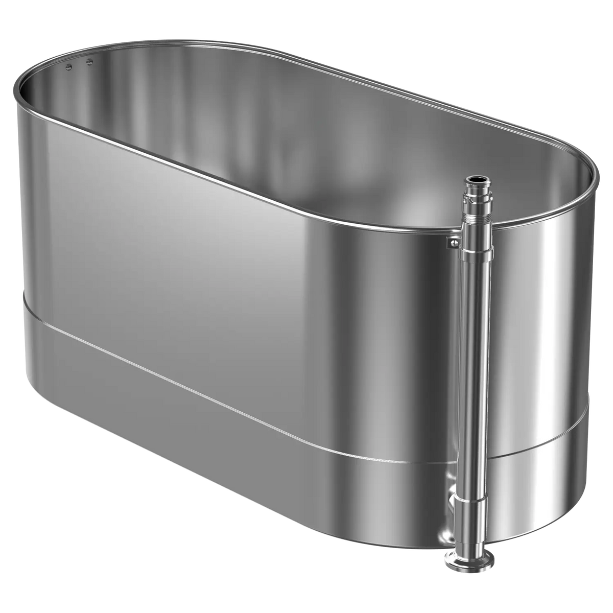 A silver, 75-gallon stationary cold tank used for ice bath plunges and athletic recovery.