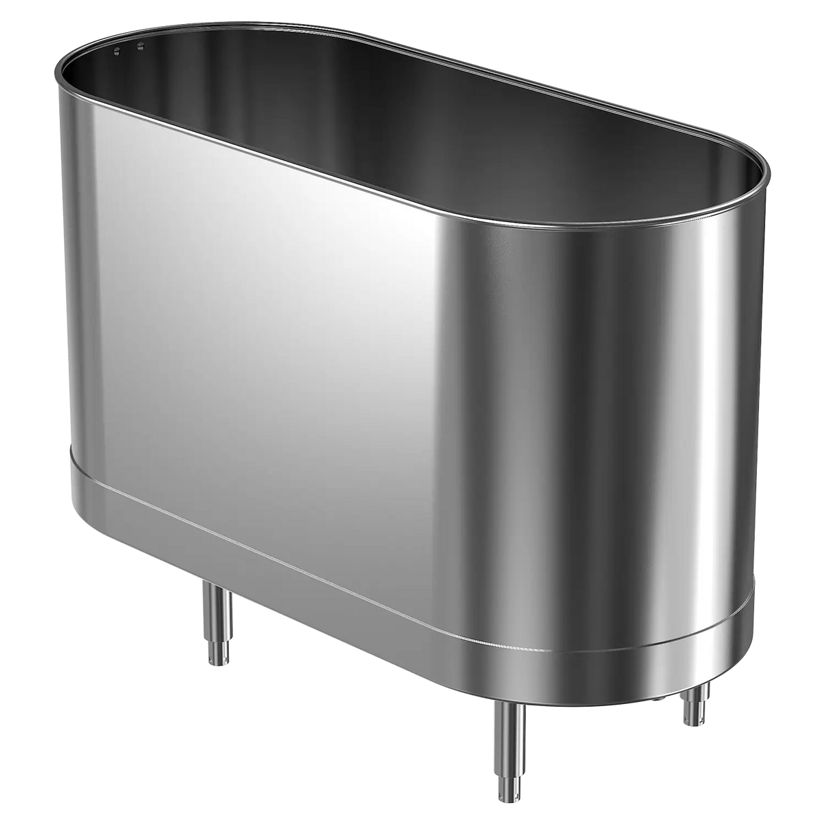 An 85 gallon cold tank designed for athletic training, with a sleek silver finish and legs for stability.
