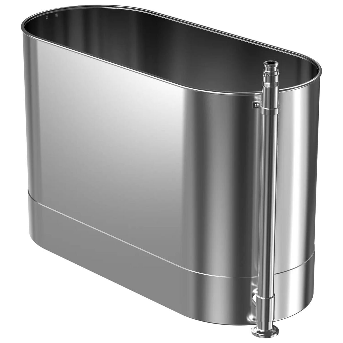 A silver-colored 85-gallon stationary cold tank designed for sports injuries.