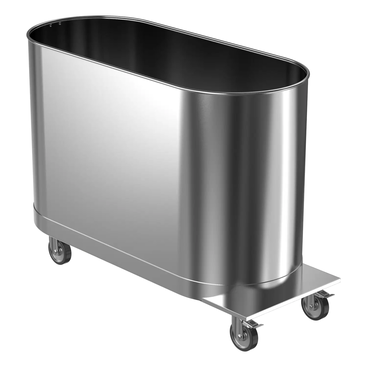 A stainless steel mobile cold tank with wheels designed for shallow or whole body immersion.