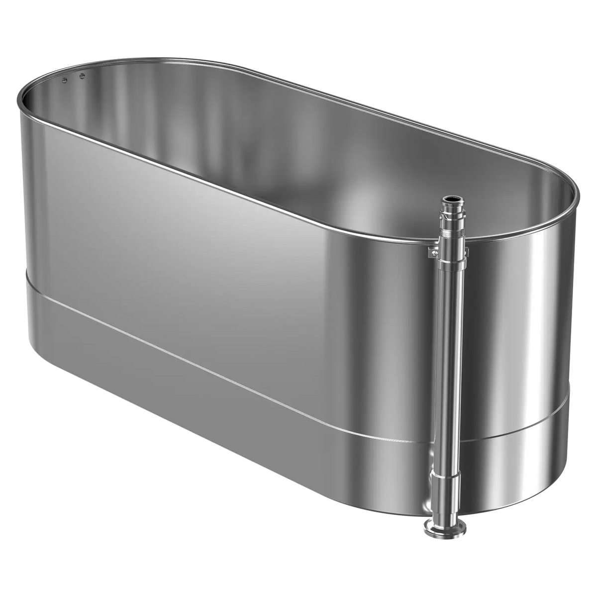 A stainless steel 90-gallon stationary cold tank used for ice baths and athletic training.