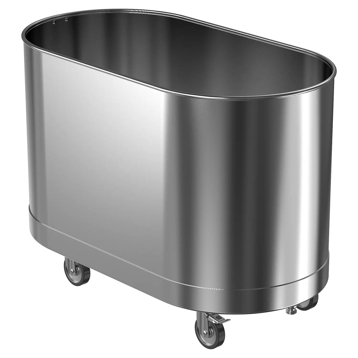 A silver mobile cold tank with wheels, made of stainless steel, used for athletic treatment.