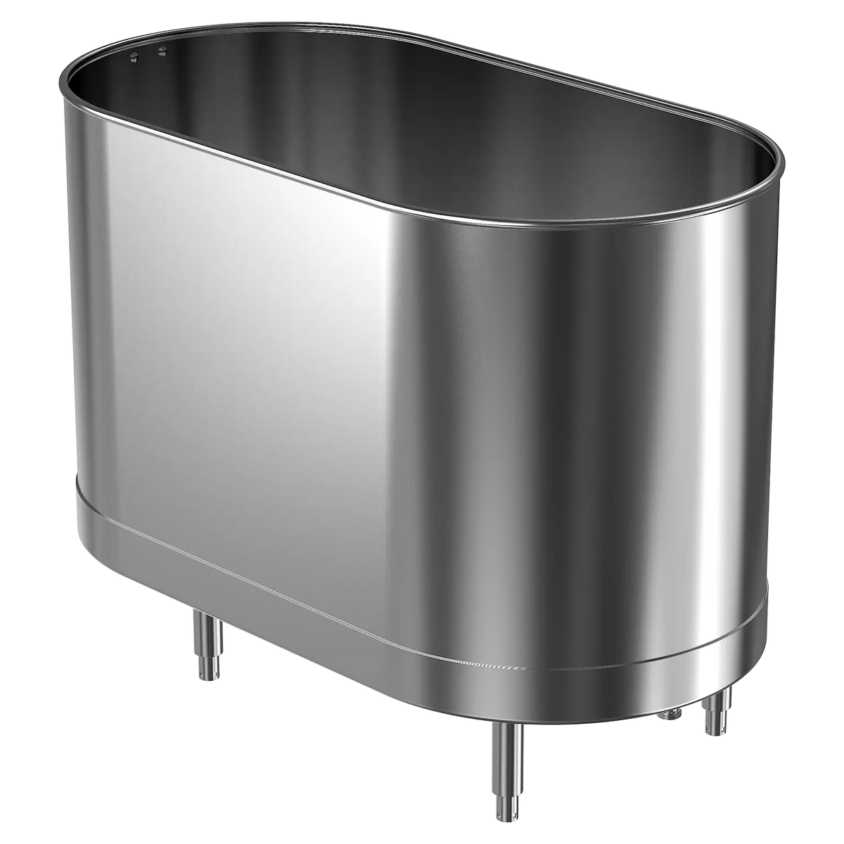 A silver-colored 90-gallon cold tank with legs designed for athletic training.