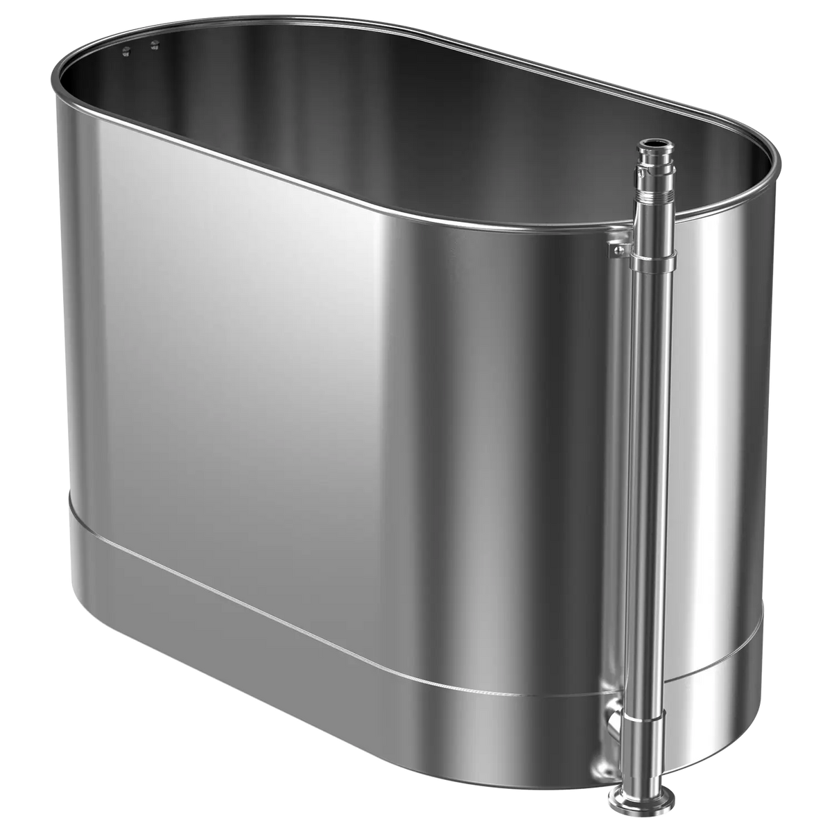 A silver-colored 90 gallon stationary cold tank designed for athletic training.