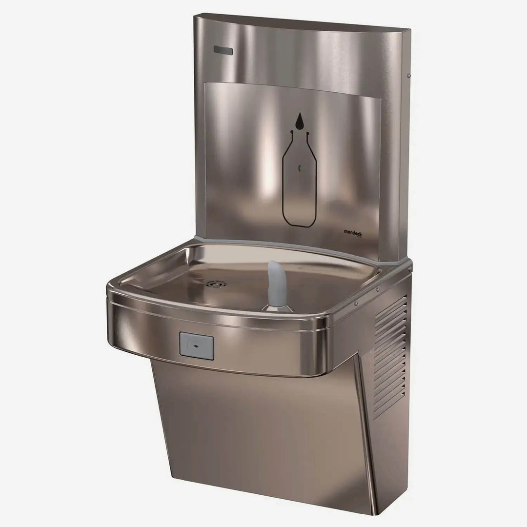 Wall-Mounted, Pushbutton Drinking Fountain with All-Stainless Steel Water Bottle Filling Station - In-Unit Refrigeration (8 GPH), ADA