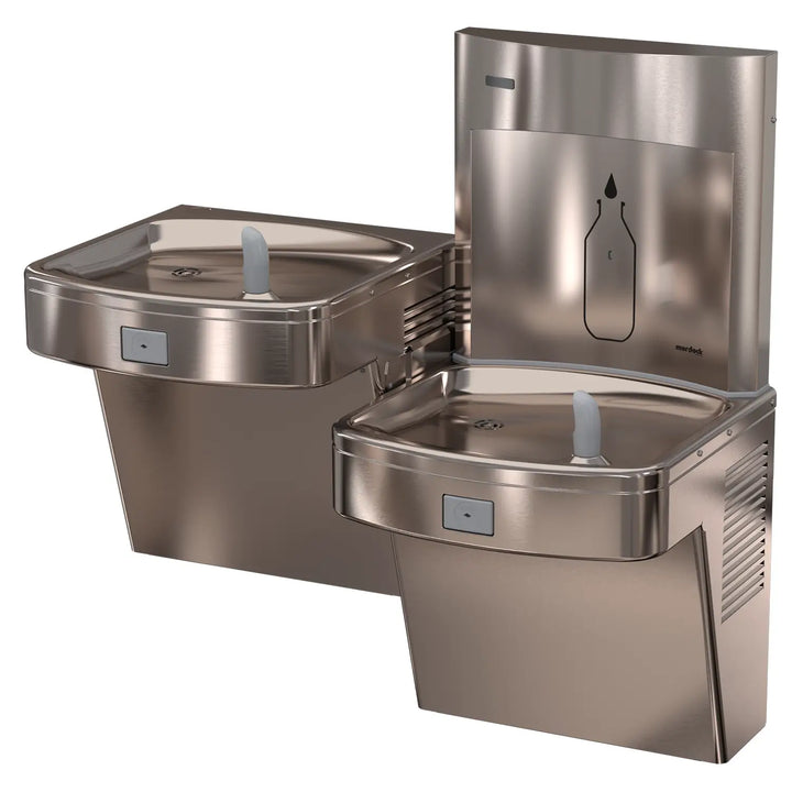 Wall-Mounted, Universal Bi-Level, Pushbutton Drinking Fountain All-Stainless Steel Water Bottle Filling Station - In-Unit Refrigeration (8 GPH), ADA