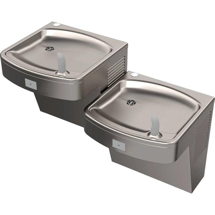 Wall-Mounted, Universal Bi-Level, Pushbutton Drinking Fountain All-Stainless Steel Water Bottle Filling Station - In-Unit Refrigeration (8 GPH), ADA