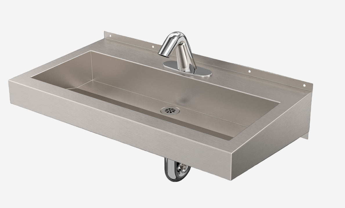 Stainless steel sink deluxe one-station trough sink with faucet on a white background