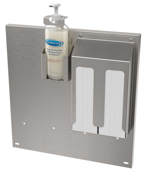 stainless steel back splash with soap and towel holders for portable sink.