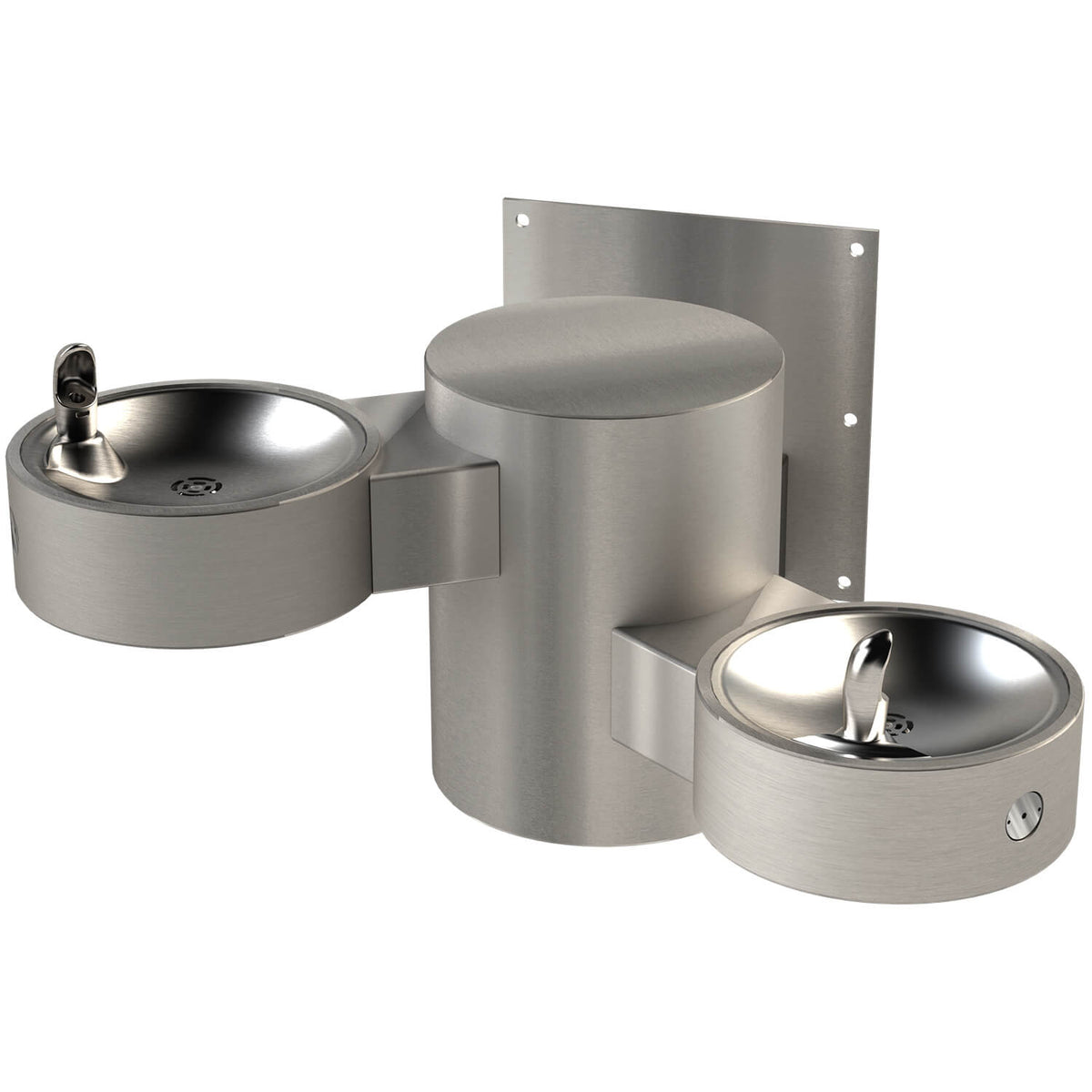 Bi-level outdoor drinking fountain with ADA-compliant dual basins