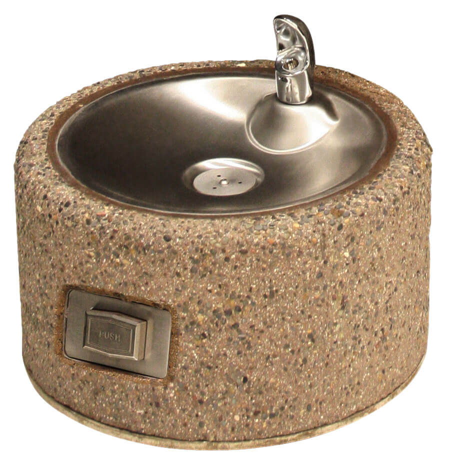 Concrete pet fountain with round bowl and ground-level access for outdoor use
