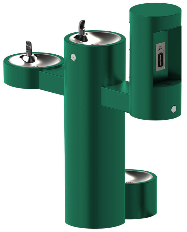 GYV Series Pedestal Mounted Bi-Level Drinking Fountains with Bottle Filler on Arm