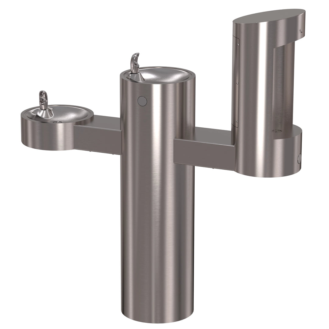 Pedestal Mounted Bi-Level Drinking Fountains with Bottle Filler on Arm