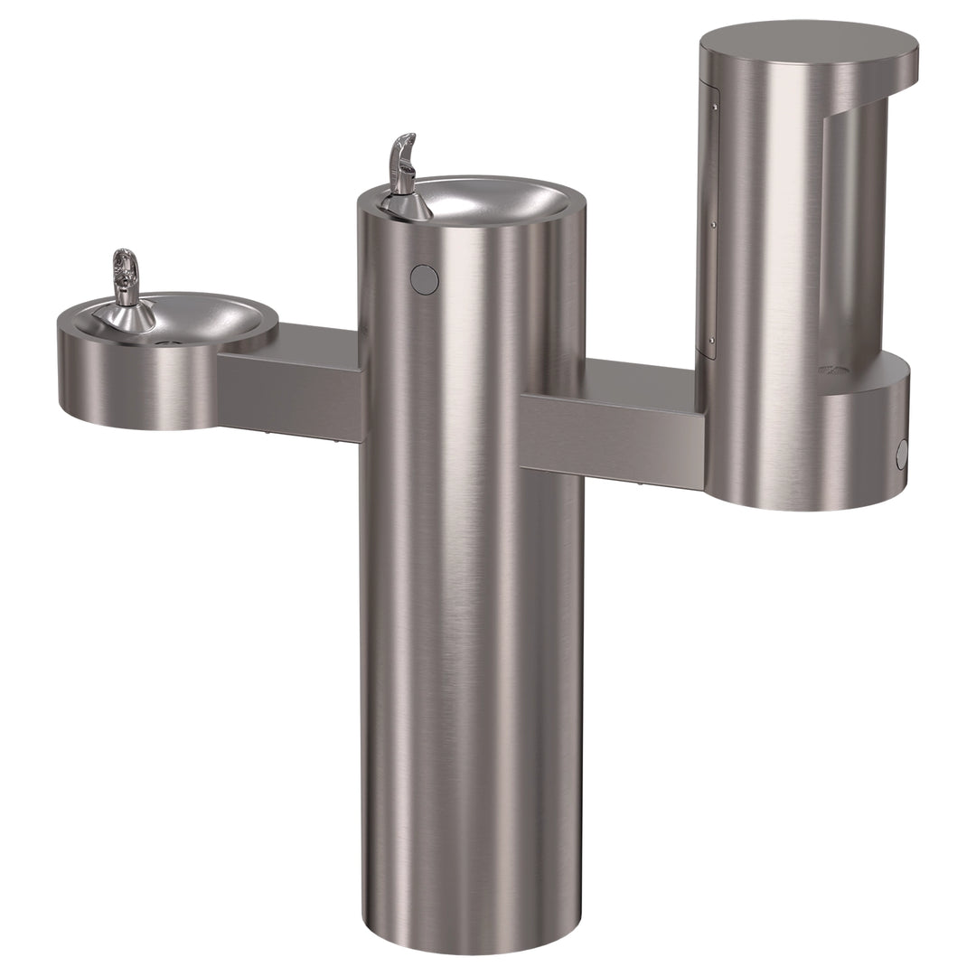Pedestal Mounted Bi-Level Drinking Fountains with Bottle Filler on Arm