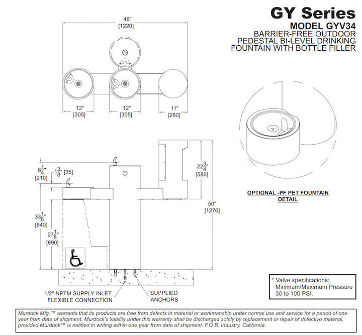 GYV Series Pedestal Mounted Bi-Level Drinking Fountains with Bottle Filler on Arm