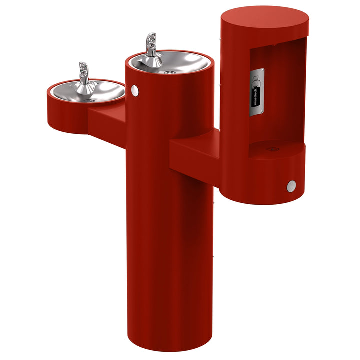 Pedestal Mounted Bi-Level Drinking Fountains with Bottle Filler on Arm