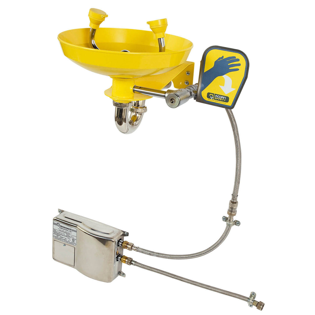 IWH1 Series  Chronomite Tankless Instantaneous Water Heater connected to Acorn Safety Eye Wash Station 