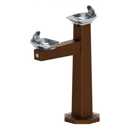 Outdoor bi-level drinking fountain with dual bowls at different heights