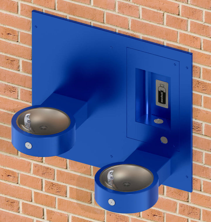 Recessed Bottle Filler with Sensor & Push Button and Two Bi-Level Drinking Fountain on Arms