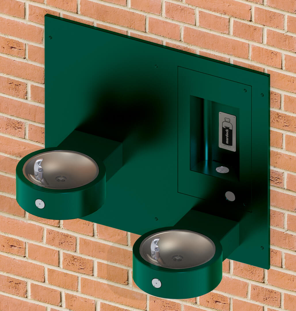 Recessed Bottle Filler with Sensor & Push Button and Two Bi-Level Drinking Fountain on Arms
