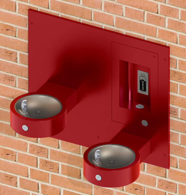 Recessed Bottle Filler with Sensor & Push Button and Two Bi-Level Drinking Fountain on Arms