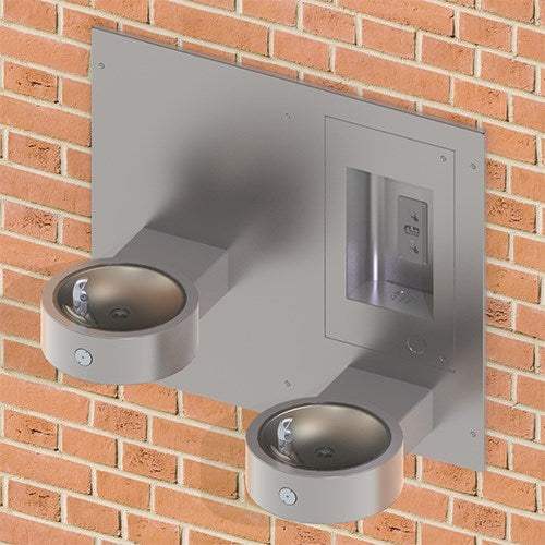 Recessed wall-mounted bottle filler with two bi-level drinking fountains