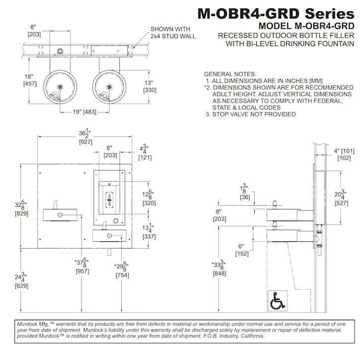 Recessed Bottle Filler with Sensor & Push Button and Two Bi-Level Drinking Fountain on Arms