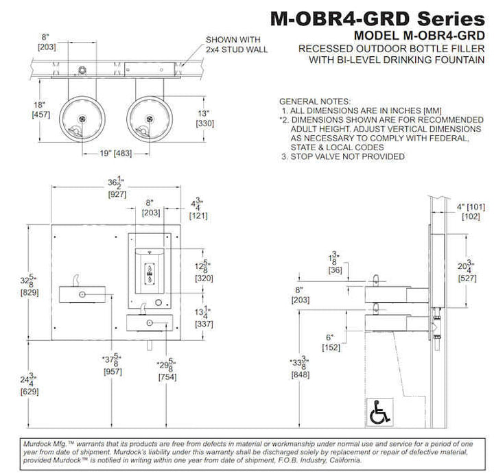 Recessed Bottle Filler with Sensor & Push Button and Two Bi-Level Drinking Fountain on Arms