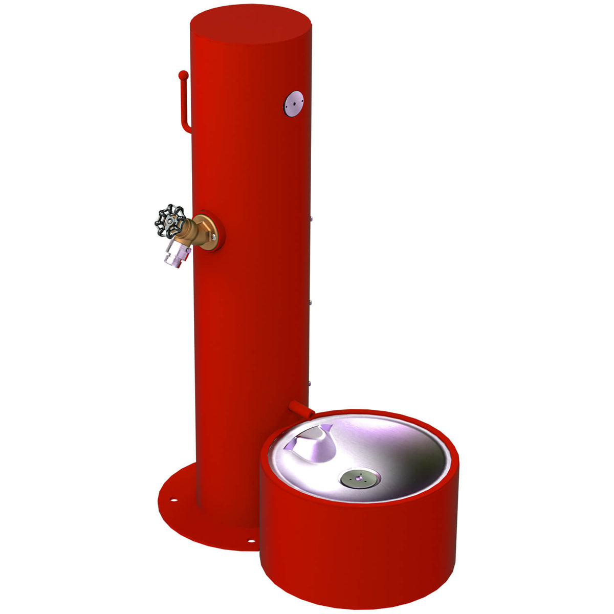 Stainless steel pet drinking fountain with ground-level bowl and hose bibb attachment