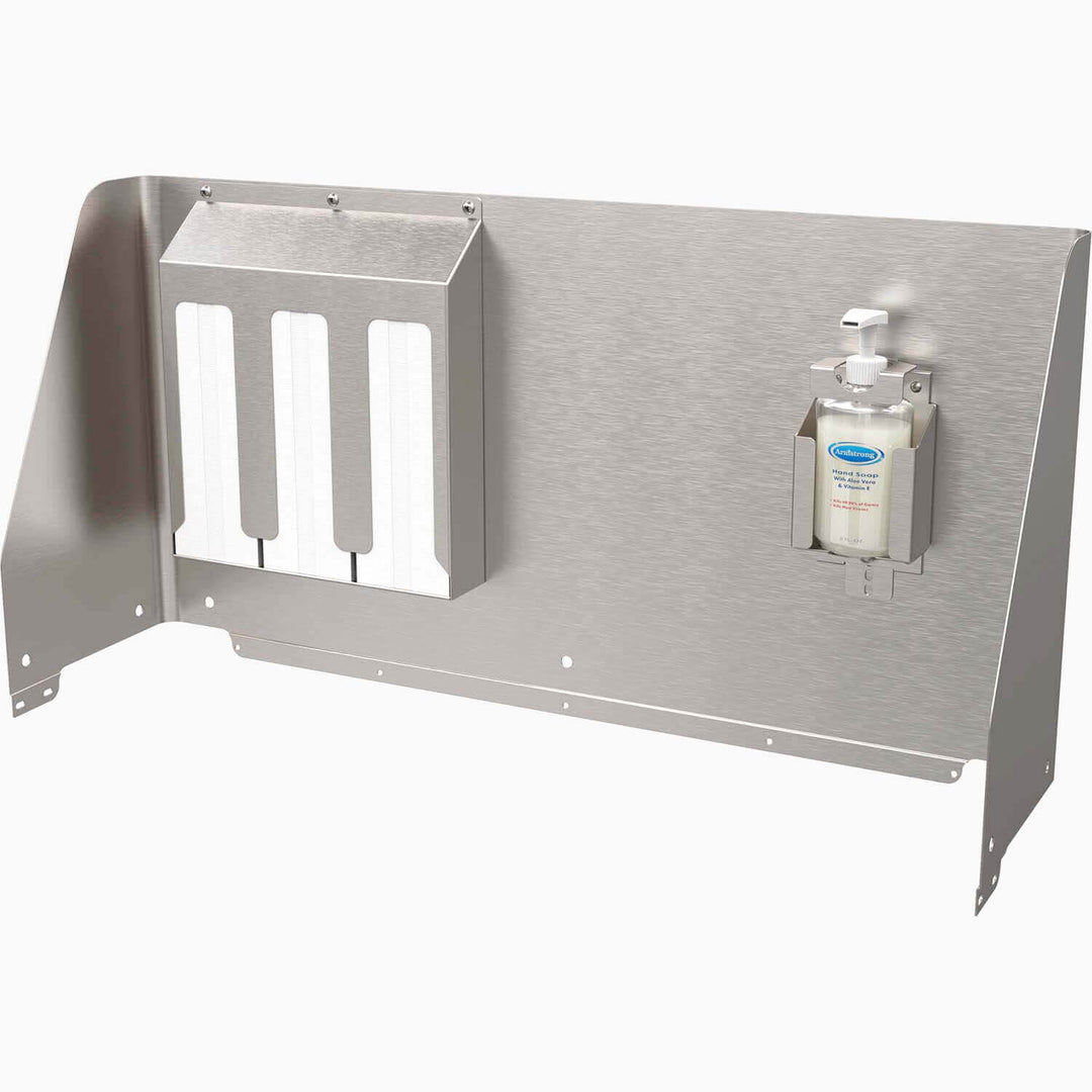 stainless steel backsplash for portable sink with three-bay holder for C-Fold paper towels & soap bottle holder. 