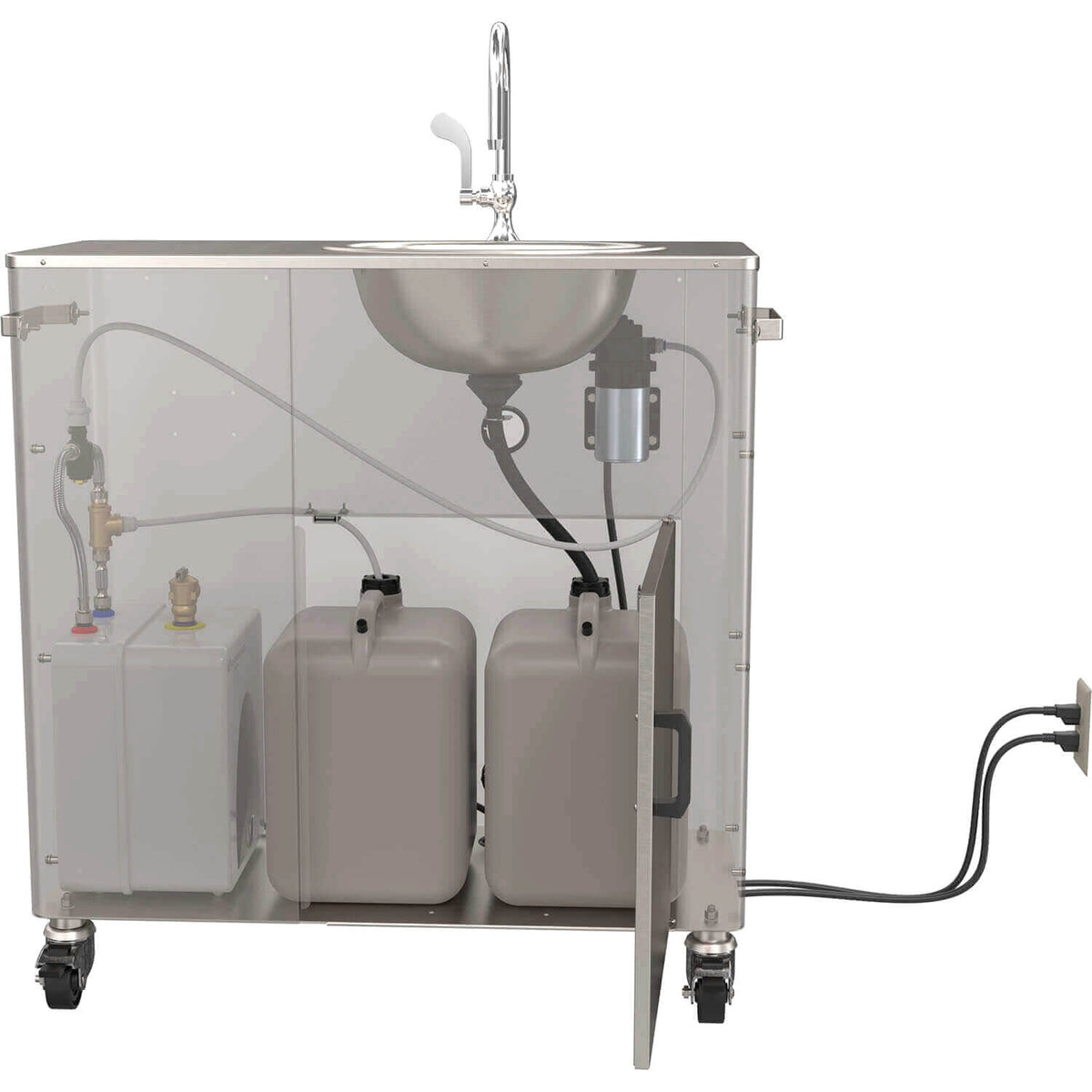 Stainless steel electric portable sink with warm water and water pump system.