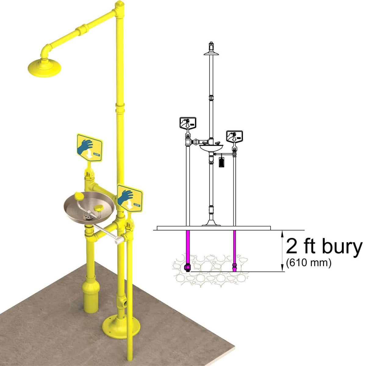 S1340-FPB - Frost-Proof Pedestal Safety Shower with Stainless Steel Eye Wash Illustration