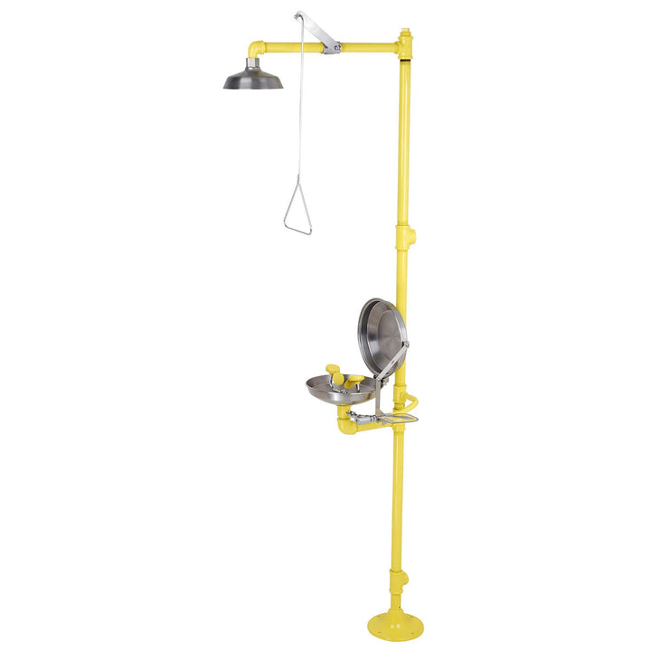 Clam-Shell Stainless Steel Cover Assembly  on pedestal Eye Wash and Safety Shower Station