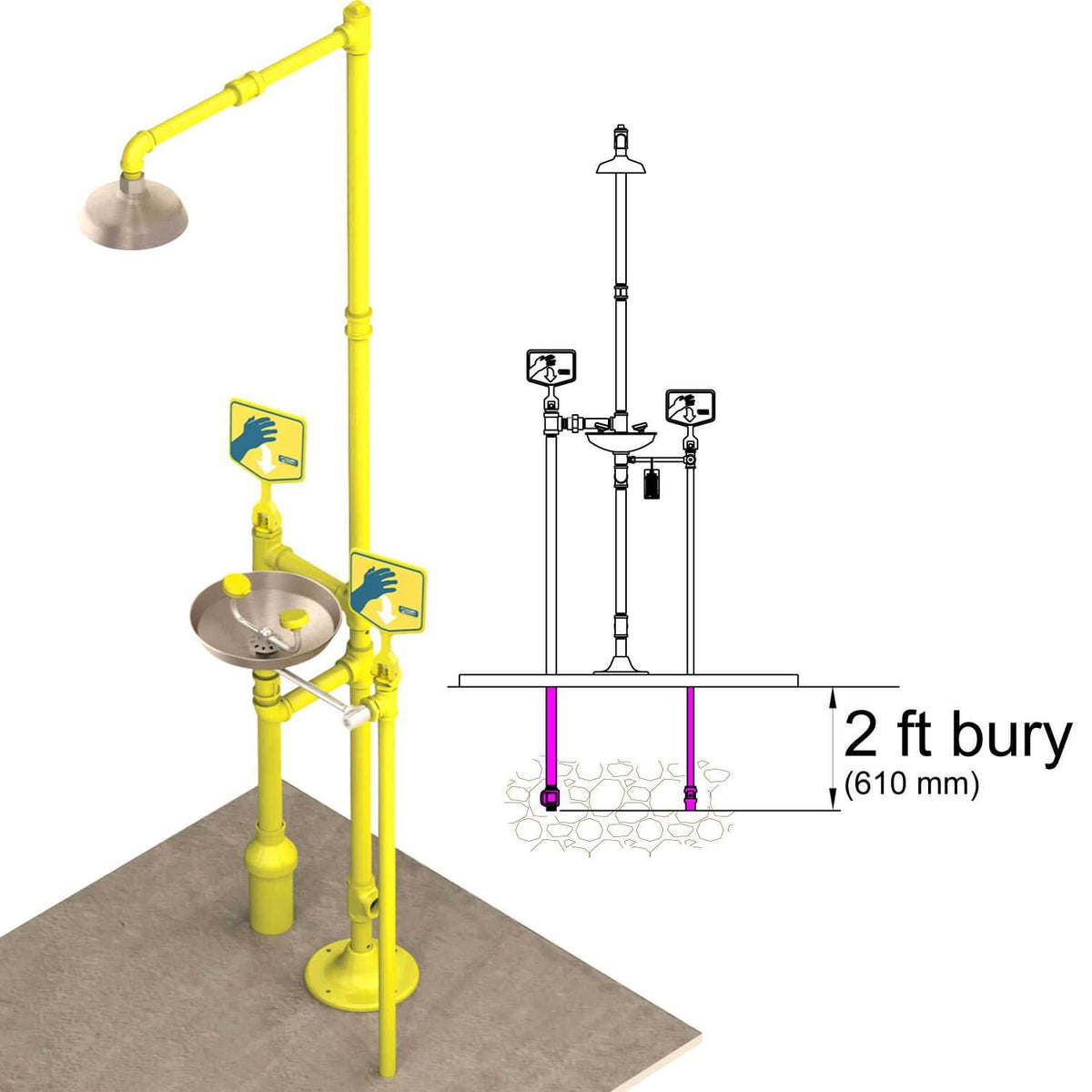 S2340-FPB - Frost-Proof Stainless Steel Pedestal Safety Shower with Eye Wash Illustration
