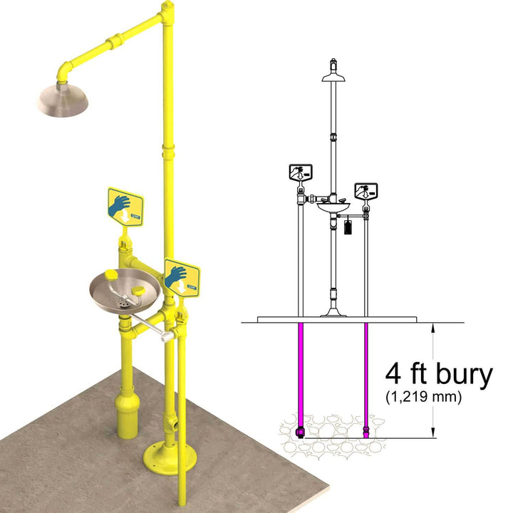 S2340-FPB - Frost-Proof Stainless Steel Pedestal Safety Shower with Eye Wash Illustration