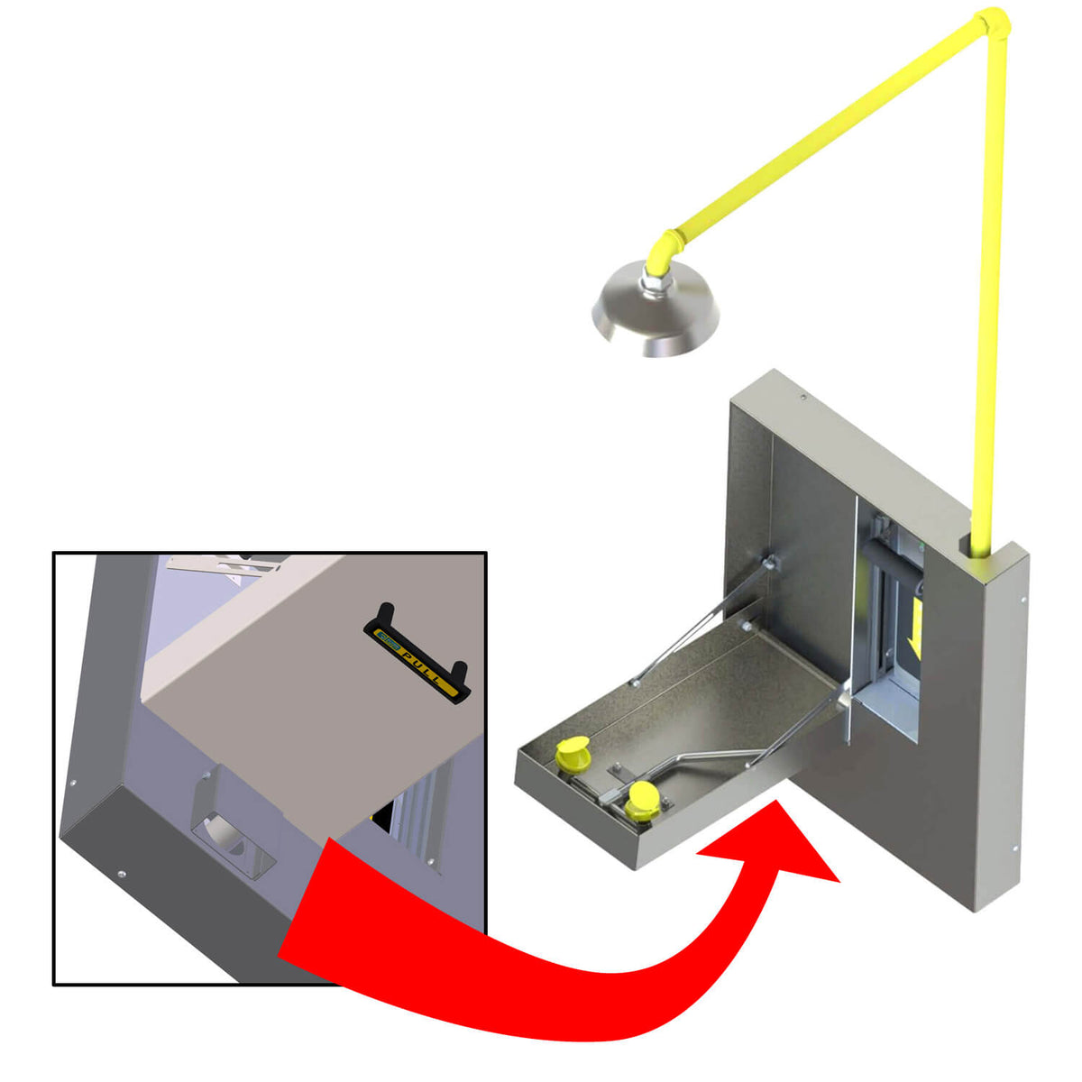 S2460-RA Series - Stainless Steel Safety Shower with Surface-Mount Eye Wash with Waste Water Drain Pan and Front Outlet Port