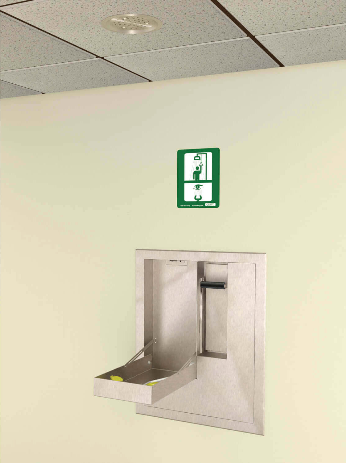 S3160-RA - Ceiling-Recessed Stainless Steel Safety Shower with Recessed Eye Wash with Water Drain Pan