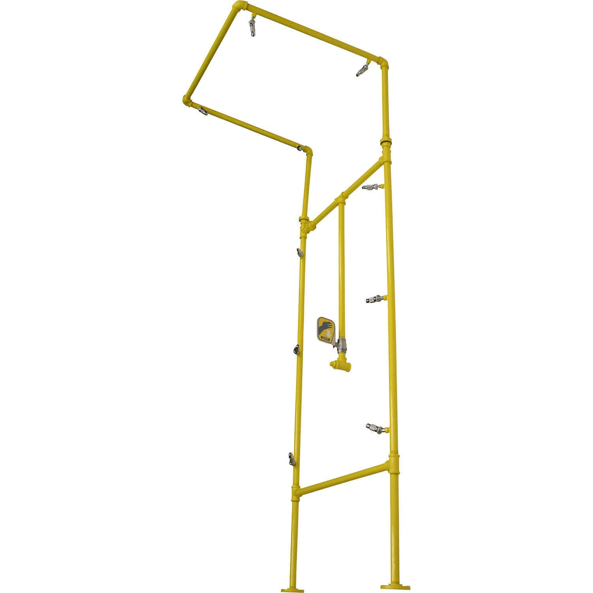 Safety Mfg. Model S4400 emergency decon shower with chrome plated brass showerheads and a 1" stay-open ball valve with a stainless steel push handle