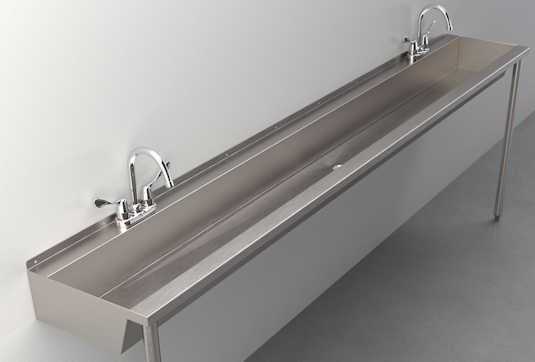 102" long stainless steel trough sink with two faucets, wall mounted with support legs.