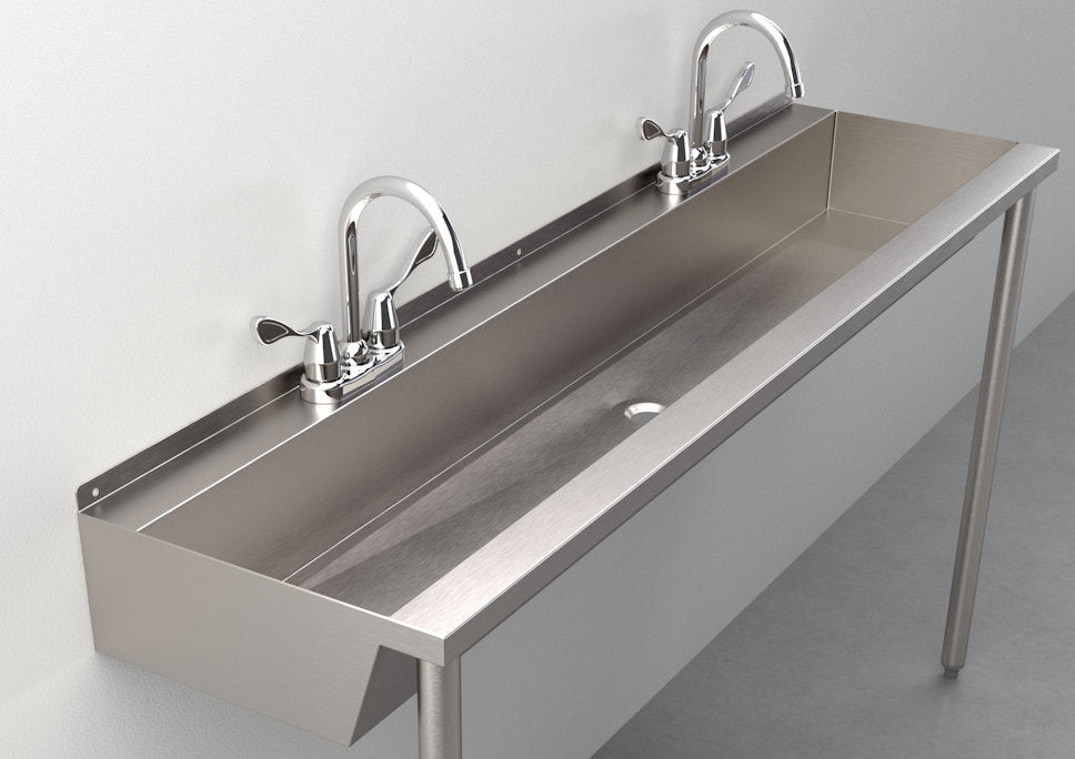 Two-Station Stainless Steel Trough Sink with Two Faucets Mounted on Wall with Support Legs.
