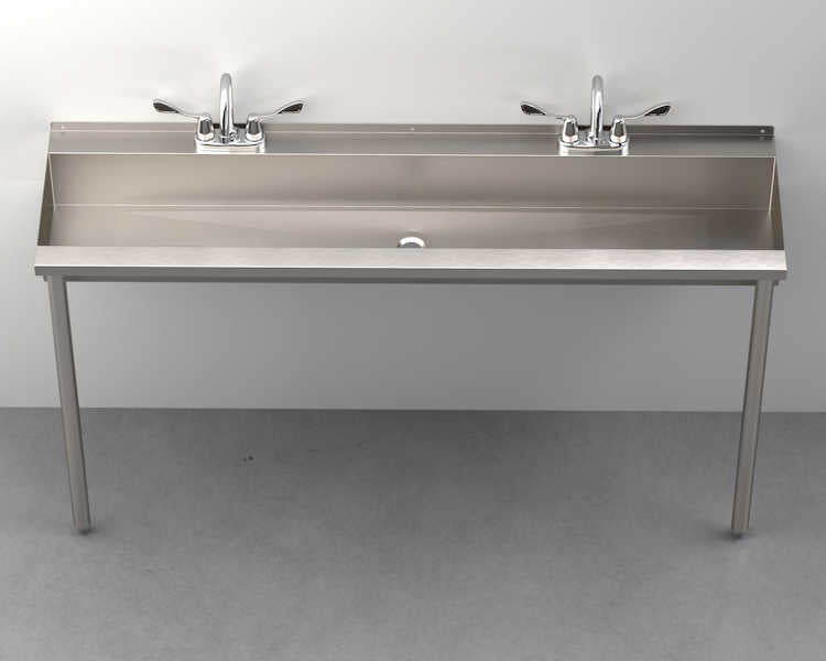 Stainless Steel Trough Sink With Two Faucets.