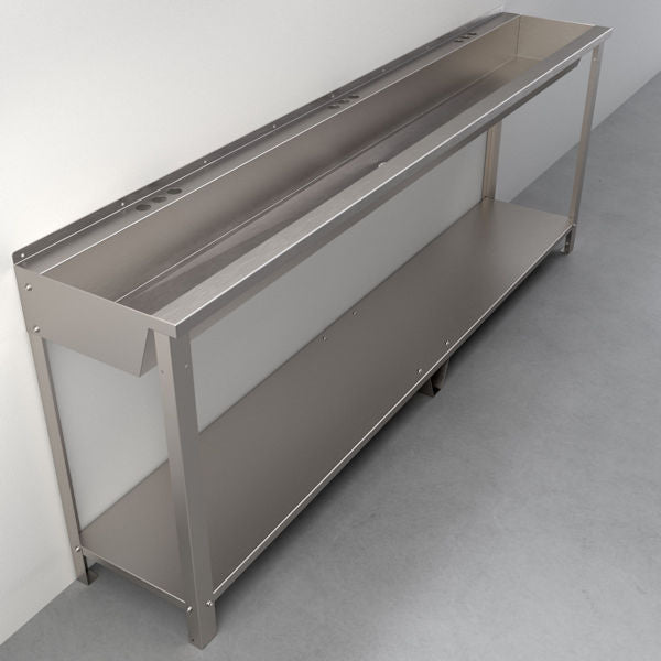 Stainless steel trough sink with 3 stations and 4 support legs.