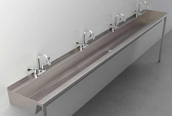 120" wide, 16-gauge type 304 stainless steel trough sink with 4 faucet stations