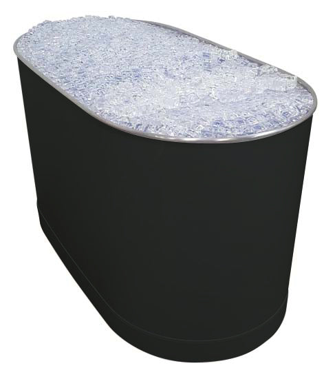 An 110-gallon stationary cold tank designed for sports injuries, with a black exterior and a metallic interior containing ice.