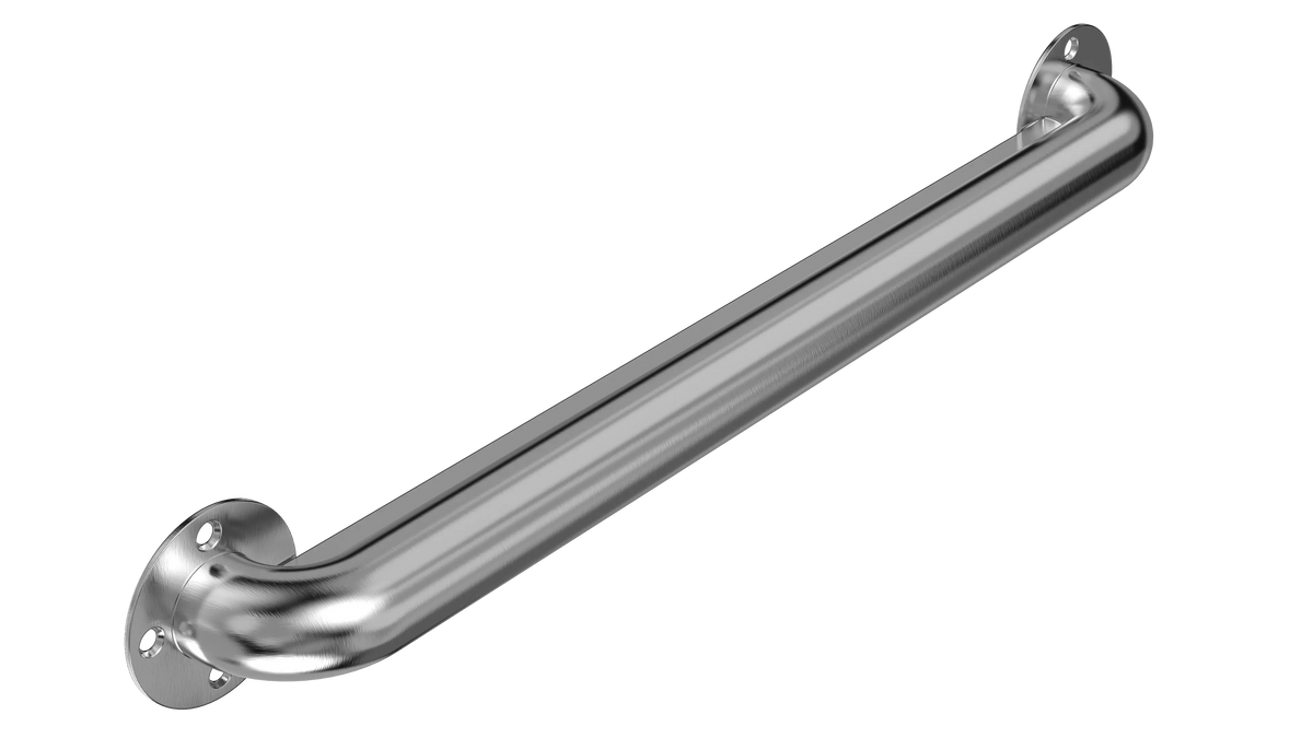 A silver stainless steel ligature-resistant grab bar with a flat closure plate and three mounting flanges.