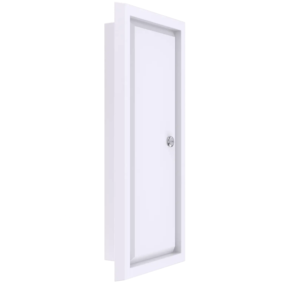 A white recessed fire extinguisher cabinet with a solid door and a secure cylinder lock.