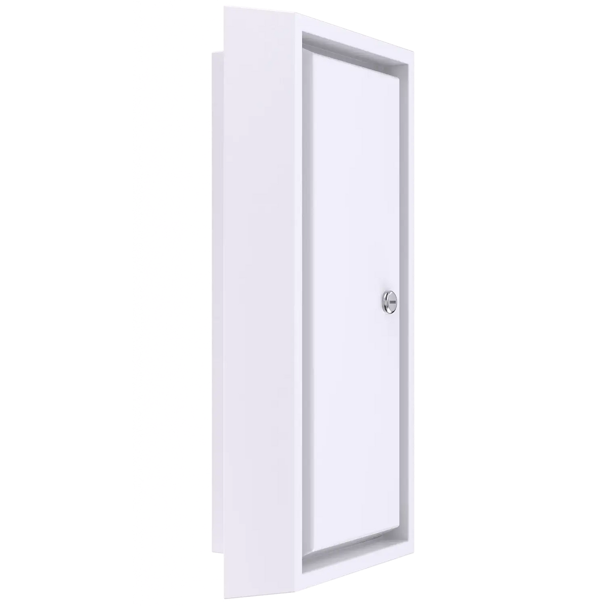 A white, semi-recessed fire extinguisher cabinet with a solid raised-panel door and a cylinder lock.